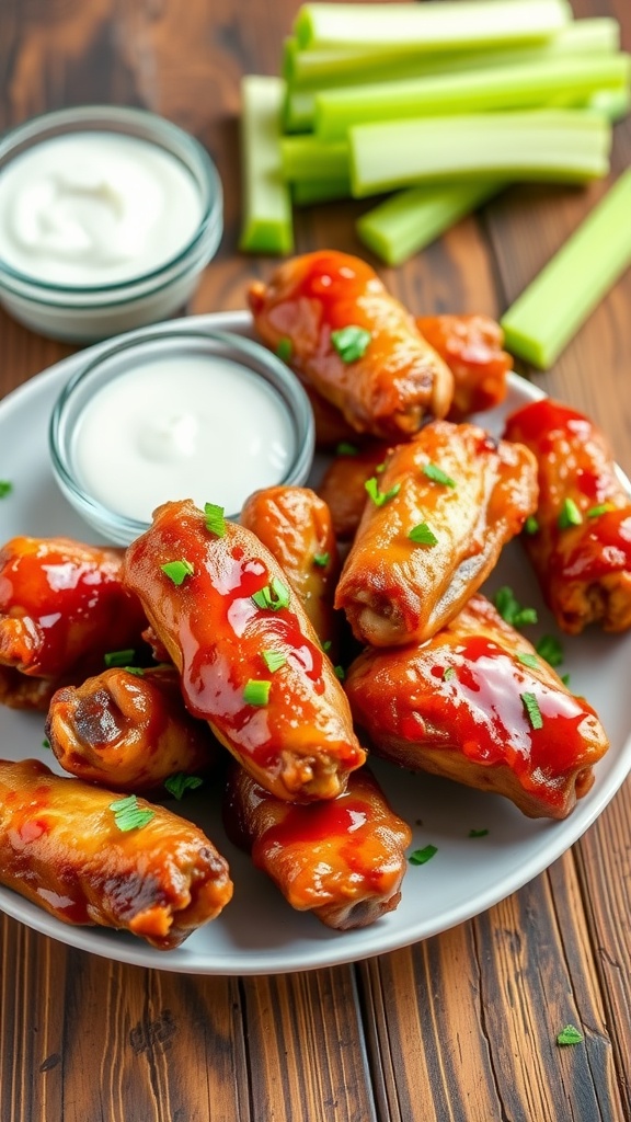 Crispy air fryer chicken wings served with ranch dressing and celery sticks on a wooden table.